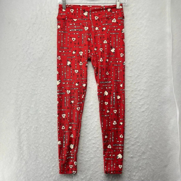 LulaRoe Leggings Women's Sz OS Red Hearts Print Mid Rise Wide Waistband Stretch - Picture 1 of 12